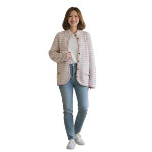 Draper & Damons NWOT Pink White Striped Gold Button Cardigan Sweater Size XL